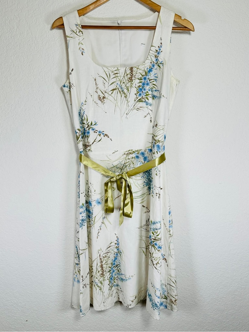 Sleeveless White Floral A-Line Dress with Blue Print and Olive Sash